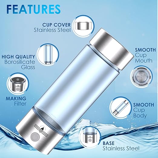 Hydrogen Water Bottle 2024, Hydrogen Water Bottle Generator with SPE PEM Technology Water Ionizer, Three Minute Rapid Electrolysis (Black)