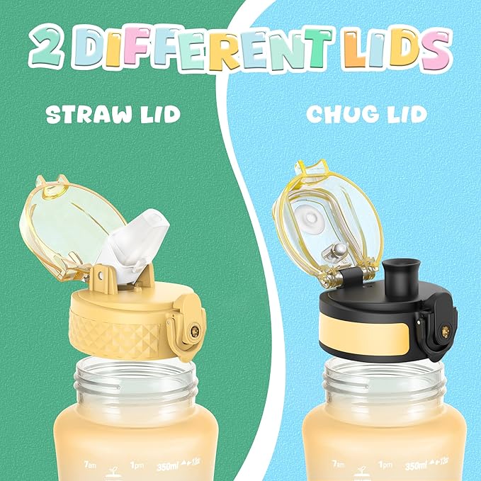 OLDLEY Kids Water Bottle for School, 12 oz (2 lids) BPA-Free Reusable Leak-proof Durable Tritan Plastic Water Bottles with Straw & Chug Lids, Anti-dust Spout Cover (Nectarine)