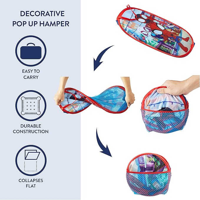 Disney Jr. Spidey and His Amazing Friends Pop Up Storage and Laundry Hamper, 21" H x 13.5" W X 13.5" L
