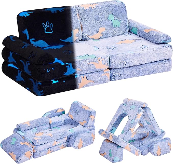 Modular Kids Play Couch,Toddler Couch Kids Sofa,Child Sectional Sofa,Bedroom and Playroom Furniture for Toddlers,Convertible Foam and Floor Cushion for Boys and Girls,Glow in The Dark,Dinosaur