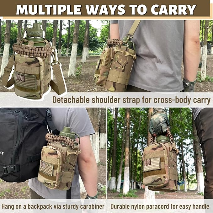 Half Gallon Water Bottle with Sleeve - 64 Oz Insulated Water Jug with Handle - Green Stainless Steel Sports Water Bottle for Gym Workout Hiking Tactical Bottle Holder with Pouch Camo