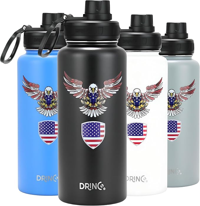 DRINCO Stainless Steel Water Bottle Spout Lid Vacuum Insulated Double Wall Water Bottle USA Flag Military Veteran (32oz Eagle Gray, 32oz)