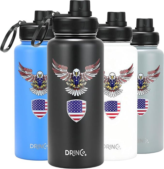 DRINCO Stainless Steel Water Bottle Spout Lid Vacuum Insulated Double Wall Water Bottle USA Flag Military Veteran (32oz Eagle Gray, 32oz)