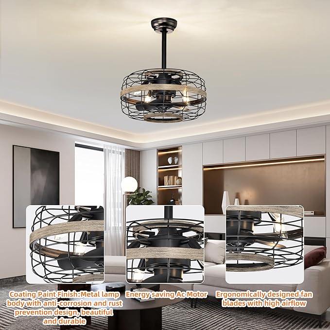 NicBex Ceiling Fan 18 Inch Indoor Industrial Ceiling Fan with Lights Ceiling Fans with 5 Blades and Remote Control Caged Ceiling Fan for Bedroom, Living Room, Matte Black