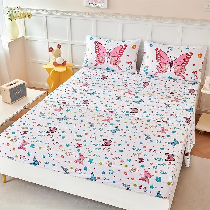 RYNGHIPY Girls Bed Sheets Full: Butterfly Sheets Set for Girls Kids Bedsheets Deep Pocket 100% Microfiber Print Sheet Pillowcase Sets (Multicolor,Full)