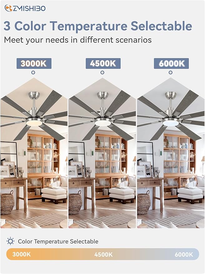 72 inch Brushed Nickel Modern Ceiling Fans with Lights and Remote, Indoor/Outdoor Ceiling Fan for Living Room Patio, 6 Speed Reversible Quiet DC Motor, 3 CCT, Dual Finish Blades