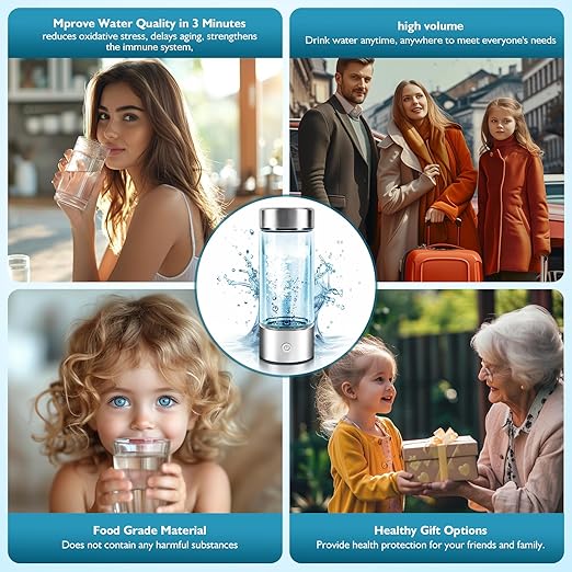 Hydrogen Water Bottle, Hydrogen Water Bottle Generator 3rd gen, Quick Electrolysis of 2000PPB Alkaline Hydrogen Water, Gift Packaging, silver, QSB001