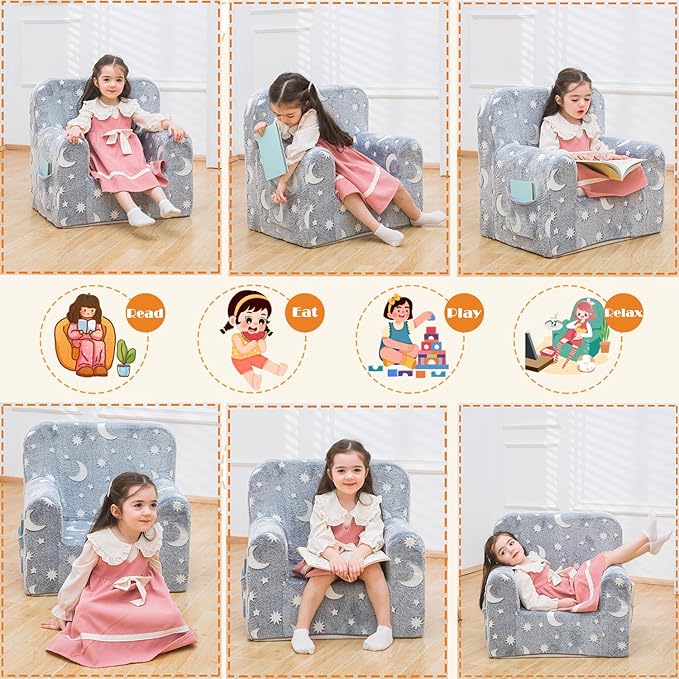 Snuggly-Soft Cuddly Toddler Plush Armchair for Boys and Girls Fuzzy Plush Kids Sofa Couch Reading Chair with Children Friendly Handle for Easy Movement & Double Pockets for Storage, Glowing Grey