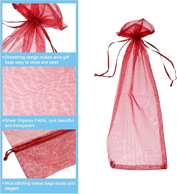 uxcell Organza Wine Bags, 12PCS 14.5 x 5.5 In Deep Red Sheer Mesh Organza Wine Wrapping Bags With Drawstring Wine Gift Pouches for Bottle Birthday, Wedding Party