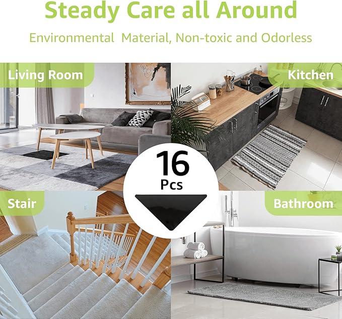 Rabenda 16 Pcs Grippers for Rugs, Non Slip Rug Pads for Hardwood Floors and Tiles, Reusable and Washable Rug Tape for Area Rugs, Dual Sided Adhesive Rug Pad Gripper Keep Corners Flat(Black)