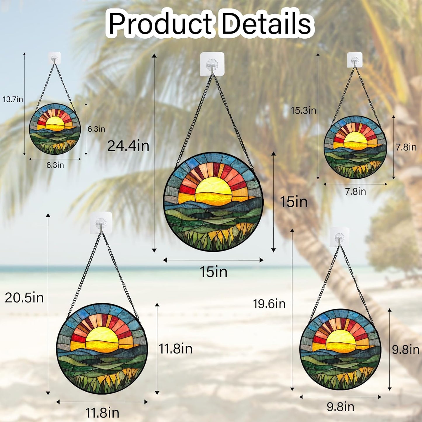 Stained Glass Window Hanging, Golden Red Sun Green Mountain Suncatcher for Window Home Decor Nature Landscape Sun Catcher Mother's Day Birthday Gifts for Women Men Mom Nana 15 in