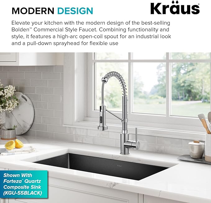 Kraus KPF-1610SS Bolden 18-Inch Commercial Kitchen Faucet with Dual Function Pull-Down Sprayhead in All-Brite Finish, Stainless Steel