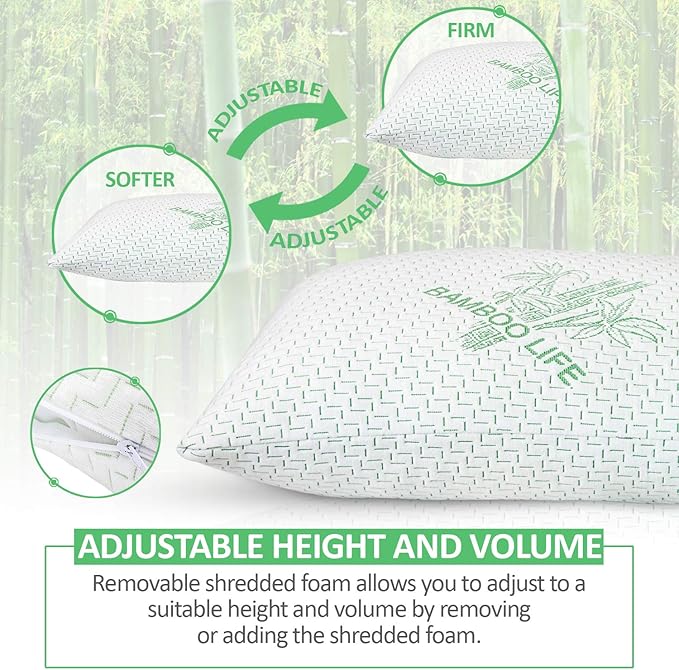 Queen Size Rayon Derived from Bamboo Pillow, Shredded Memory Foam Bed Pillows Sets for Side, Back, Stomach Sleepers, Washable Cover, Cooling and Adjustable, (Queen (Pack of 1)