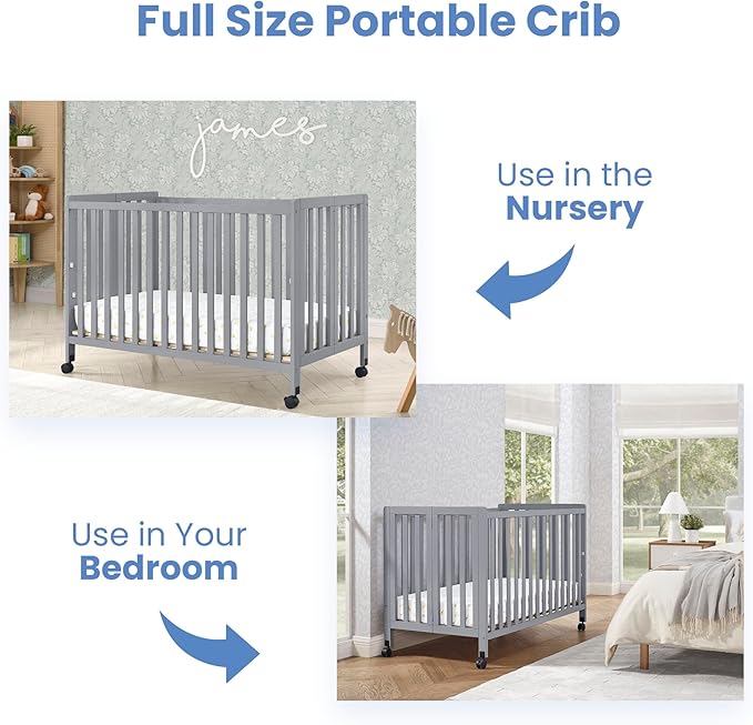 Simmons Kids Aria Full Size Portable Folding Crib - Greenguard Gold Certified, Grey