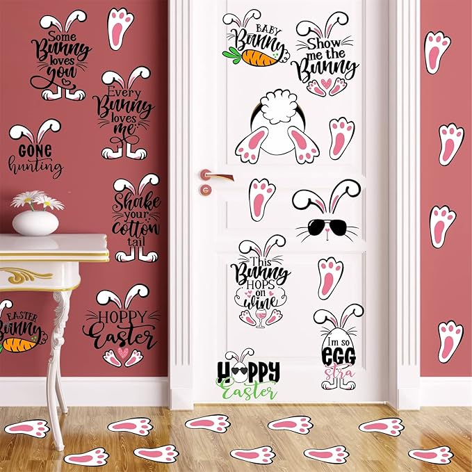 Easter Wall Stickers Easter Bunny Paw Print Stickers Funny Bunny Footprint Stickers Peel and Stick Wall Art Decals Kid Baby Room Easter Decorations Easter Quote Wall Decals for Fridge Window Cling