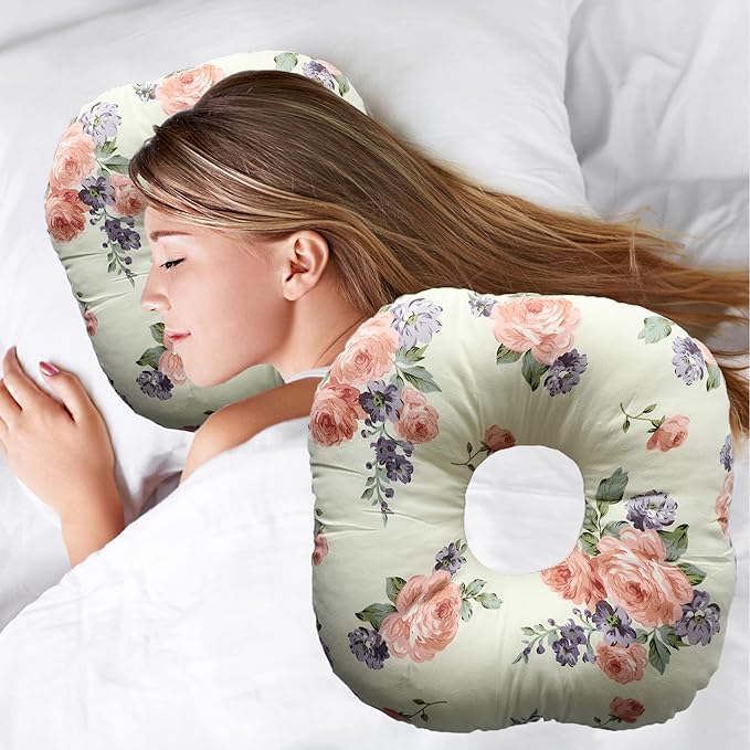 Ear Piercing Pillow for Side Sleepers, Pillow with an Ear Hole for CNH and Ear Pain Ear Inflammation Pressure Sores, O-Shaped Side Sleeping Pillow, Ear Guard Pillow(Red Flower)