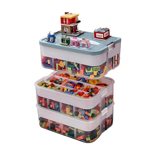3-Tier Stackable Toy Storage Box with Lid Dividers, Kid Toy Blocks Organizer Container Removable Tray, Plastic Toy Chest Organizer for Baby Nursery Playroom - Toy Blocks Not Included