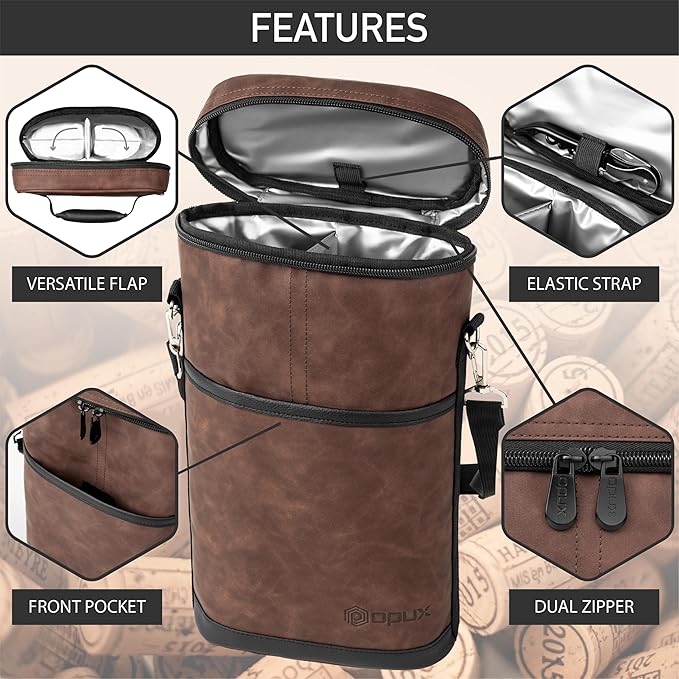 OPUX 2 Bottle Wine Carrier Tote, Insulated Leakproof Wine Cooler Bag, Wine Travel Bag for Picnic BYOB Beach, Portable Wine Bottle Carrying Case, Gift for Wine Lover Women Men Christmas, Brown Leather