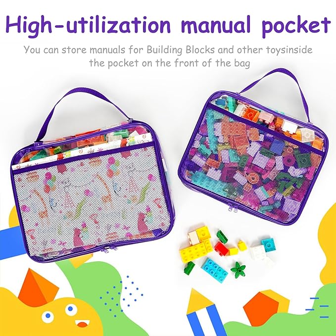 VERONLY 4 Packs PVC Toy Zippered Blocks, Travel Storage Case Bags for Organizing, Waterproof Toy Storage Bags with Mesh Pockets for Building Blocks, Puzzles, Clays,Toy Cars 11.8" Lx3 Wx9 H (Purple).