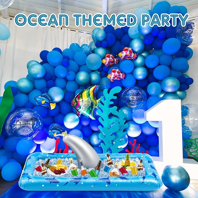 Deekin 2 Pieces Shark Party Buffet Cooler Inflatable Serving Bar Inflatable Cooler Cold Food Buffet Server Serving Tray Food Drink Holder Salad Ice Tray for Shark Theme Party Picnic Barbecue, 53 x 28