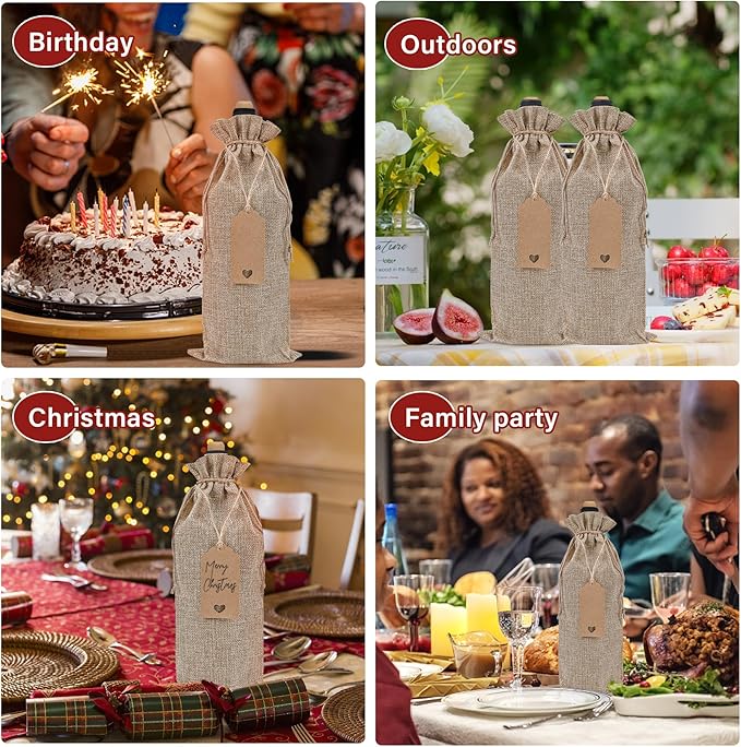 EVRWO Burlap Wine Bags 12 Pcs Wine Bottle Gift Bags Reusable Gift Bags With Drawstrings Tags & Ropes for Holiday Weedings Party, Birthdays, Travel, Blind Tastings, Home Storage 750ml (Natural)