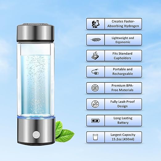 Hydrogen Water Bottle Generator, Hydro Water Bottle Machine, 450ml Portable Rechargeable Water Ionizer with True SPE PEM Technology Improves Water Quality Within 3 Minutes for Home, Travel, Daily Use