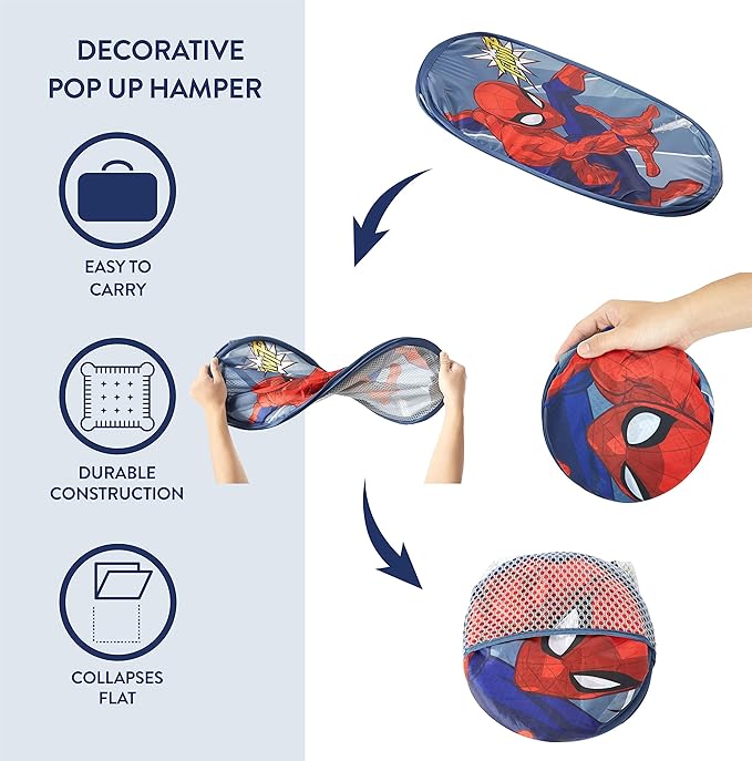 Idea Nuova Spiderman Pop Up Hamper with Durable Carry Handles, 21'' H x 13.5'' W X 13.5'' L