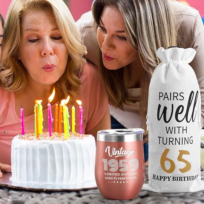 Lifecapido 65th Birthday Gifts for Women, Vintage 1959 Limited Edition Insulated Wine Tumbler with Wine Bag, 65 Year Old Birthday Gifts for Friends Mom Aunt Grandma Wine Lover Woman, 12 oz