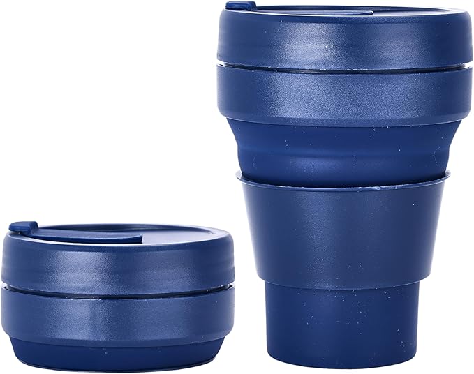 HYDRATE Collapsible Cups for Traveling - 400ml Reusable Cup with Lid for Camping, and On-the-Go Adventures - Foldable Cup - Portable Silicone Coffee Mug for Hot Drinks, Tea - Easy to Clean - Blue