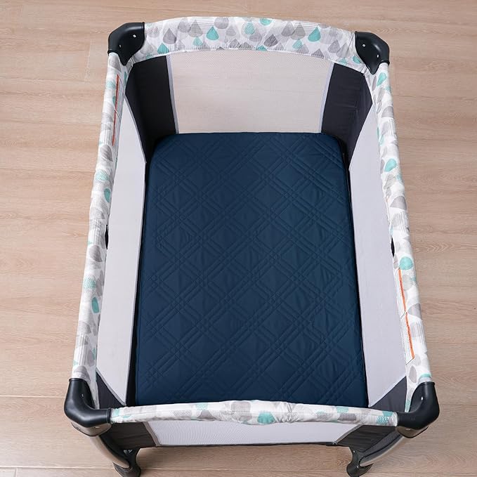 Waterproof Mini Crib Mattress Protector 2 Pack, Ultra Soft Breathable Mini Crib Mattress Pad Cover for Boys, Fit Pack N Play, Playard and Mini Crib Mattresses, Grey & Navy Blue