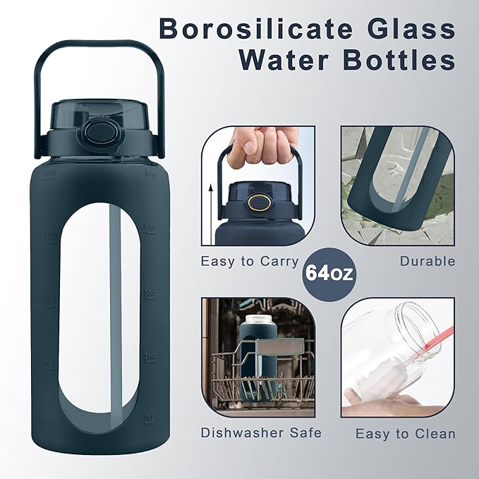64 Oz Glass Water Bottle with Straw and Lid, Sports Motivational Water Bottle, Leakproof Water Jug Fitness with Silicone Sleeve for Gym, Blue