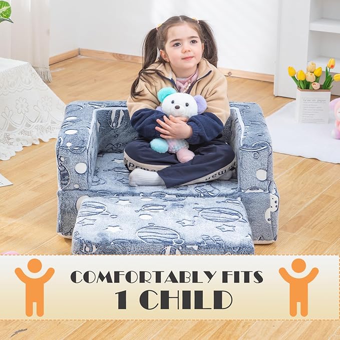 Kids Sofa Couch 3-in-1 Modular Toddler Couch Glowing Grey Baby Couch Foam Armchair for Boys & Girls Children Convertible Sofa to Lounger Plush Fold Out Sofa Play Set with One Ottoman, One Seat