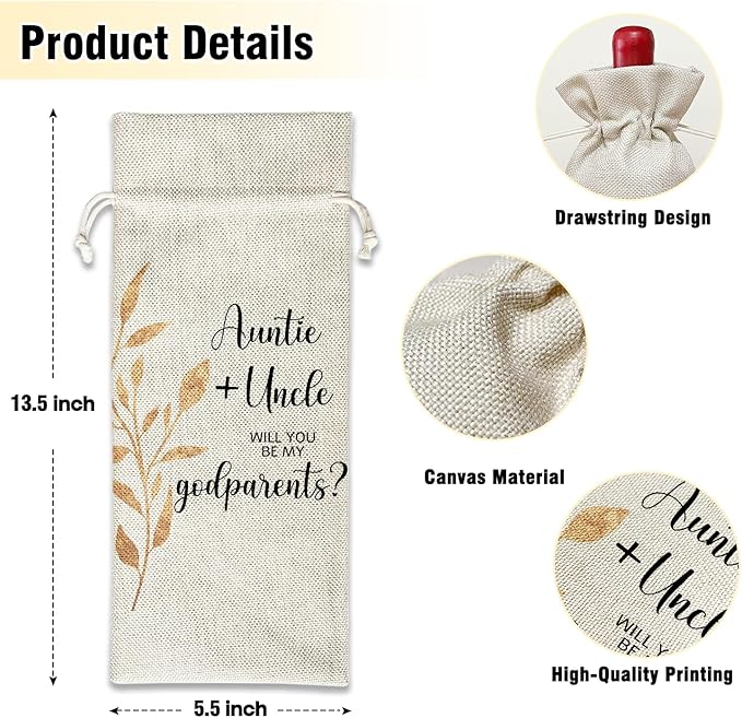 Wine Canvas Bag, Godparent Gift Wine Gift Bag, Godparents Proposal Gifts for Brother Sister Auntie Uncle Wine Bags for Wine Bottles, Wine Champagne Gifts With Drawstring Baptism Party Decoration -WB07