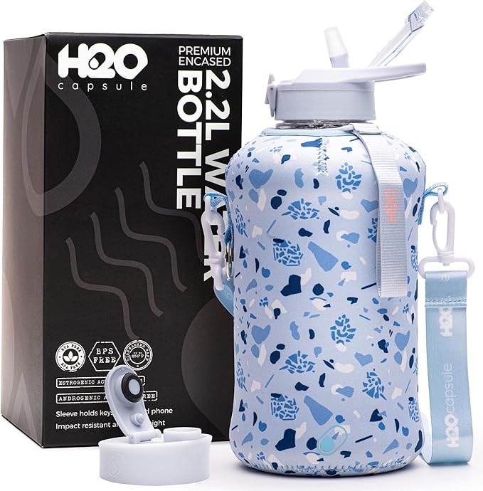 H2O Capsule 2.2L Half Gallon Water Bottle with Storage Sleeve and Covered Straw Lid – BPA Free Large Reusable Drink Container with Handle - Big Sports Jug, 2.2 Liter (74 Ounce)