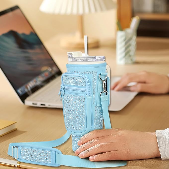 Bling Water Bottle Carrier Bag with Phone Pocket,Water Bottle Holder Bag for Stanley Cup Accessories,Cup Holder with Adjustable Shoulder Strap with Stanley 40 & 30 oz Tumbler,Blue