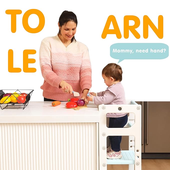 SDADI Mother's Helper Adjustable Height Plastic Kitchen Step Stool for Children, Kids Toddlers Counter Level Learning Stool for Kitchen & Bathroom,Beige and Blue