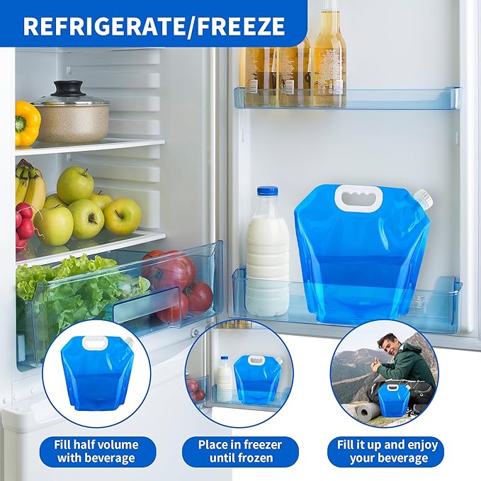 5 Pcs Collapsible Water Bottles Container Bag, 1.3 Gallon No-Leak Freezable Water Storage Bag, BPA Free Food Grade Plastic Storage Water Jug for Outdoors Camping Hiking Backpack Emergency