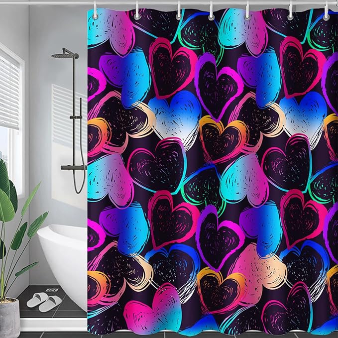 AILONEN Hearts Shower Curtain for Bathroom, Colorful Hearts Love Theme Bath Curtain for Kids Girls Women,Abstract Hearts Print Black Shower Curtain Waterproof with 12 Plastic Hooks, 48" W*72" H