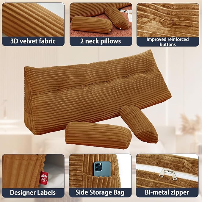 Headboard Wedge Pillow with 2 Pack Neck Roll Pillow Large Headboard Pillow Soft and Supportive Bed Rest Reading Pillows for Sitting in Bed with Removable Cover (Brown, King：76x8x20 Inches)