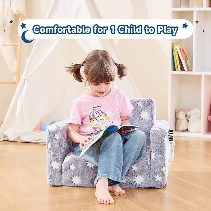 Toddler Chair, Toddler Couch, Kids Couch, Kids Sofa Chair 2 in 1, Comfy Toddler Chair Folding Out for Boys, Girls, Glow in The Dark Extra Soft Open Couch for Playroom, Gifts for Kids, Grey Star