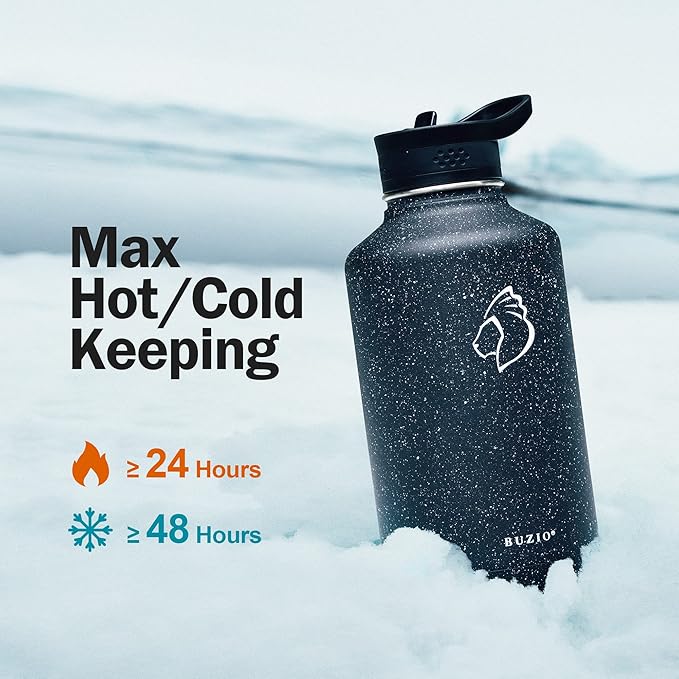 BUZIO Water Bottle with Straw lid, Spout Lid, Hand Lid and Carrying Pouch, 32oz 40oz 64oz Stainless Steel Water Flask Jug, Cold for 48 Hrs Hot for 24 Hrs Double Vacuum Thermo Canteen Mug, BPA-Free