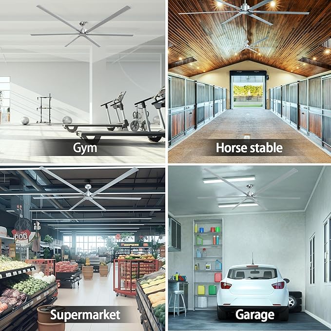 GESUM 100 Inch Ceiling Fans with Remote Control, Industrial Ceiling Fan with 6 Aluminum Blades, 3 Downrods, Reversible, 6-Speeds, Large Ceiling Fan for Porch/Garage/Shop (Brushed Nickel)