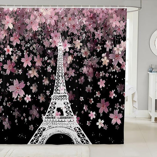 Feelyou Eiffel Tower Shower Curtain 72"x72" Kids Cherry Blossoms Bathroom Shower Curtain Set for Boys Girls Teens Romantic Paris Bath Curtain Floral Botanical Bathroom Accessories