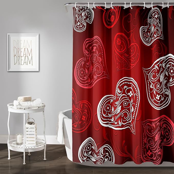 AILONEN Heart Love Shower Curtain for Bathroom, Red and White Floral Hearts Print Bath Curtain,Minimalism Hearts Decoration Shower Curtain Waterproof with 12 Plastic Hooks, 72" W*78" H