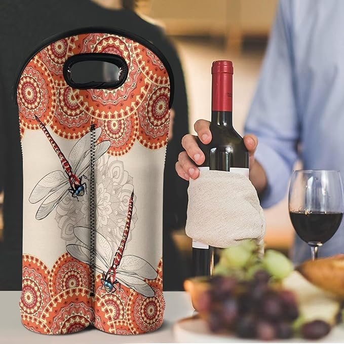 doginthehole Dragonfly Wine Carrier Tote Bag Insulated Neoprene Wine Bottle Holder Boho Style Champagne Bottles Protective Travel Bag Water Bottle Holder, 2 Bottles