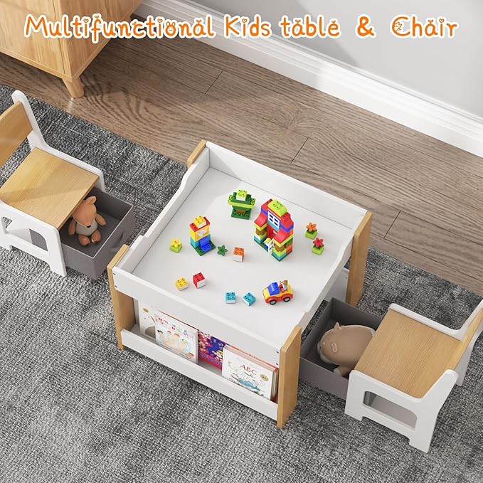 Kids Table and Chair Set, 4 in 1 Wooden Activity Table & 2 Chairs with Storage Drawer Detachable Tabletop for Toddlers Kids Drawing, Reading, Crafts, Art,Homework, Nursery, Playroom