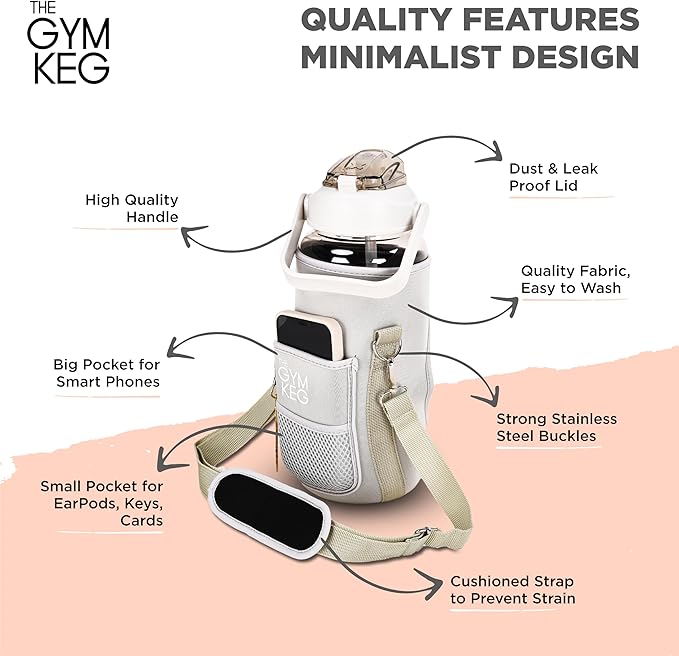 THE GYM KEG 74oz Large Water Bottle with Carrier - Water Bottles with Strap for Gym, Workout or Sports - Daily Water Jug for Men and Women - Neoprene Sleeve - Cream - 11.6x5.3 inch