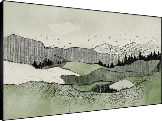SIGNWIN 46"x72" Extra Large Framed Wall Art Green Line Art Mountain Landscape Illustration for Home Living Room Bedroom Decor (Frame Assembly Required)