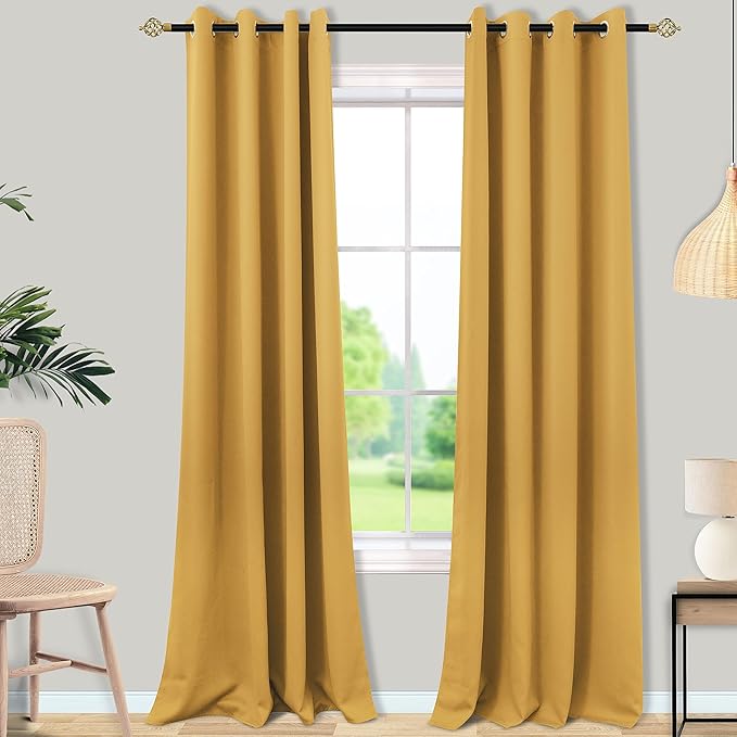 Mrs.Naturall Black Out Curtains 96 Inches Long for Living Room Dining Room 2 Panels Set,Grommet Top Thermal Blackout Curtains 96 Inch Length,Light Gold