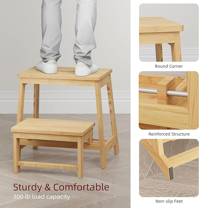 Bamboo Folding Step Stool with Sturdy Structure and Wide Stepping Surface for Safety, Multi-Purpose Foldable Step Stool, Step Ladder for Bathroom,Bedroom,Kitchen Step Stools for Adults 350 lbs